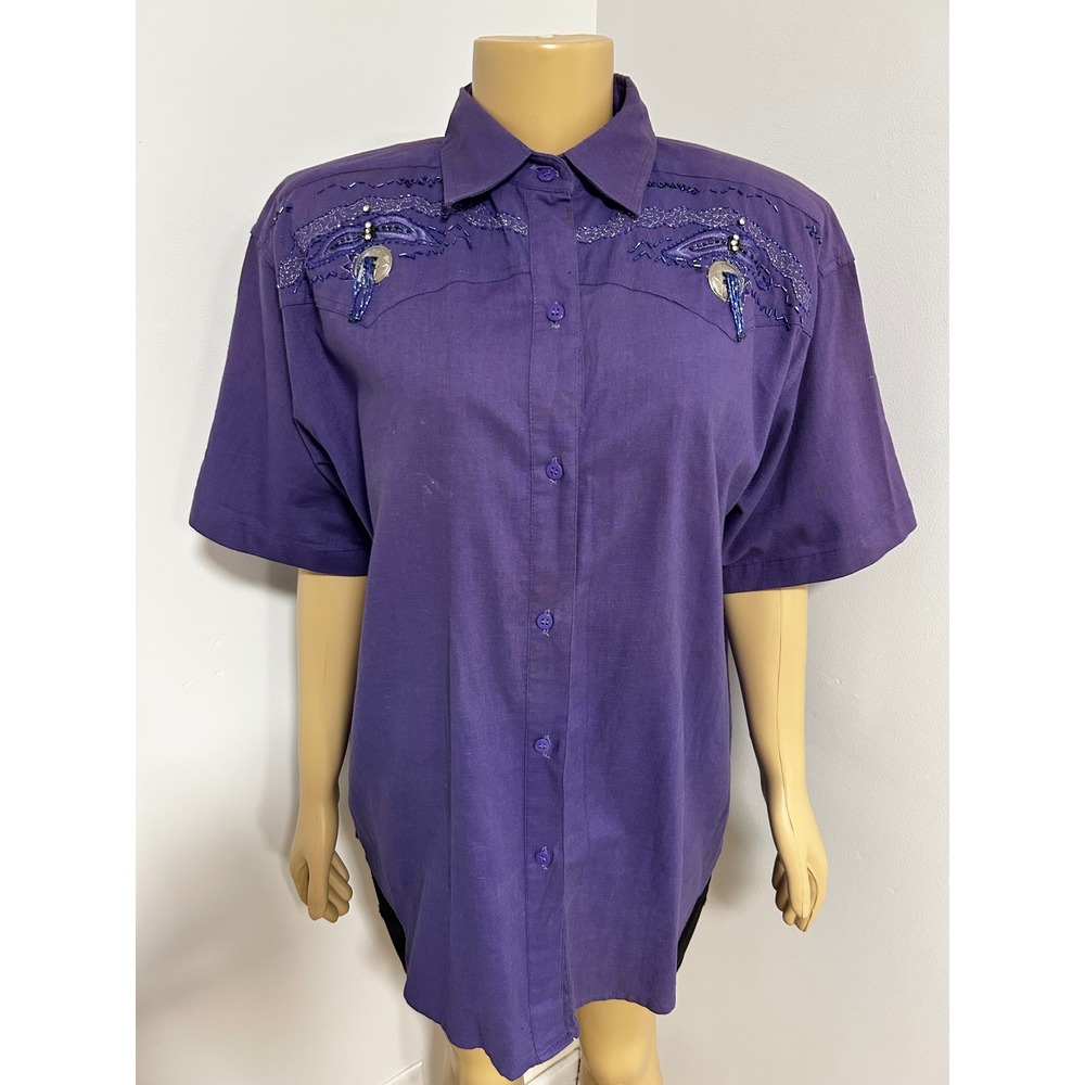 Short Circuit Vintage Purple Western Beaded Concho Cotton Shirt Womens Large